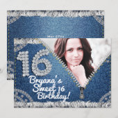 Denim & Diamonds Jean Zipper Sweet 16 Foto Party Kaart (Voorkant / Achterkant)