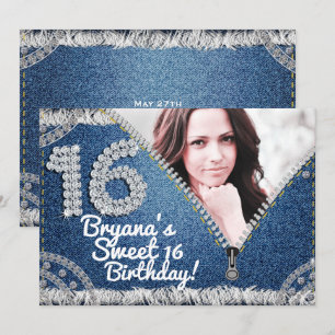 Denim & Diamonds Jean Zipper Sweet 16 Foto Party Kaart