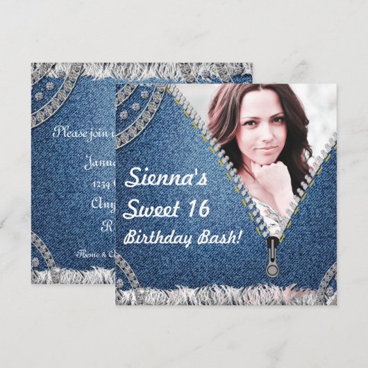 Denim & Diamonds Jeans Birthday Fotouitnodiging Kaart (Voorkant / Achterkant)