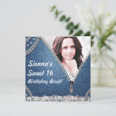 Denim & Diamonds Jeans Birthday Fotouitnodiging Kaart (Staand voorkant)