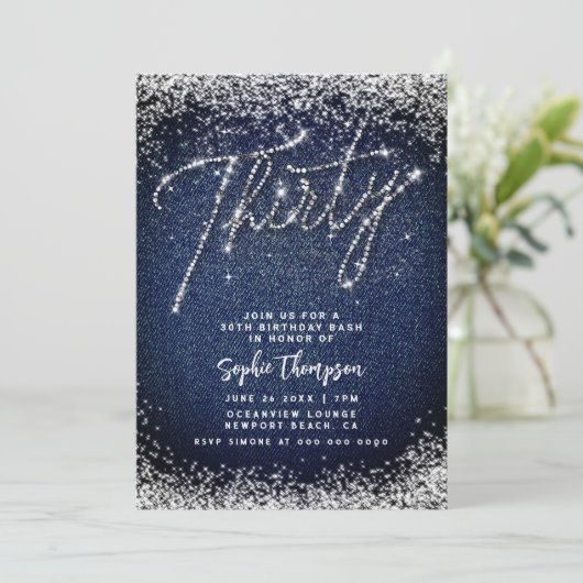 Denim Diamonds Kalligrafie 30e Verjaardagsfeest Kaart (Staand voorkant)