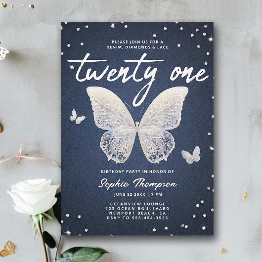 Denim Diamonds Kant Vlinder Moderne 21e Verjaardag Kaart