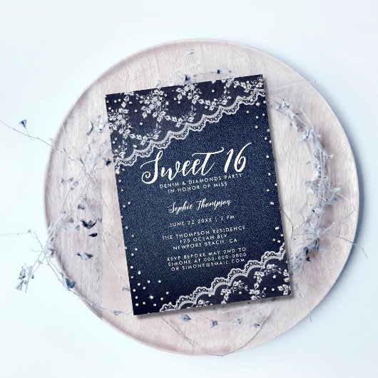 Denim Diamonds Lace Sweet 16 Trendy Birthday Party Kaart