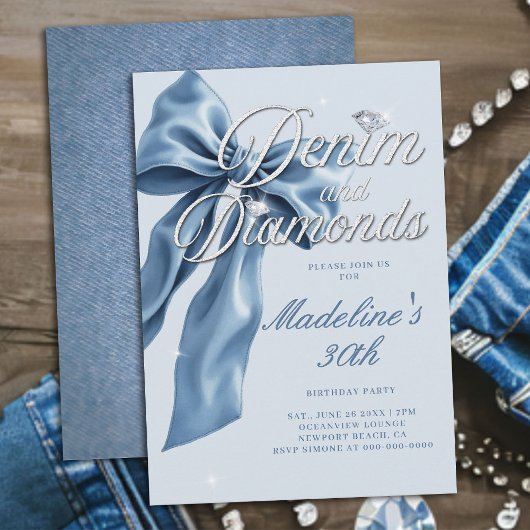 Denim Diamonds Light Blue Bow 30th Birthday Party Kaart