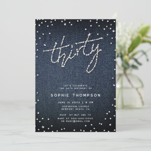 Denim Diamonds Moderne Kalligrafie 30e Verjaardag Kaart (Staand voorkant)