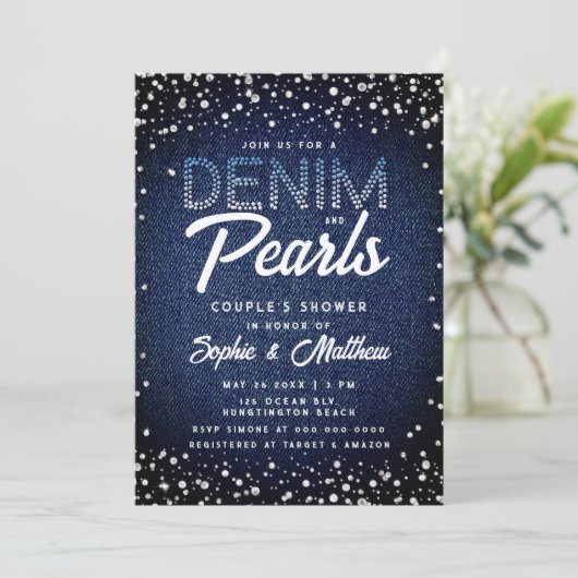 Denim Diamonds Parels Blauw Elegant Paar Douche Kaart (Staand voorkant)