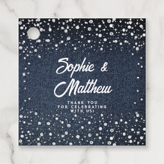 Denim Diamonds Parels Blauw Paar Bruiloft Douche Bedankjes Labels (Voorkant)