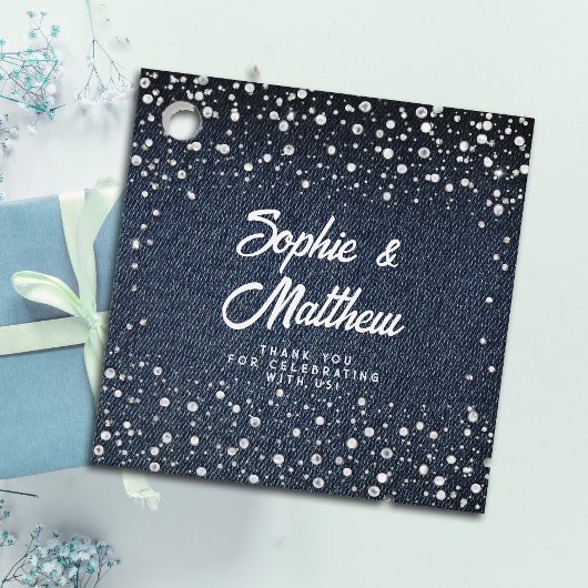 Denim Diamonds Parels Blauw Paar Bruiloft Douche Bedankjes Labels