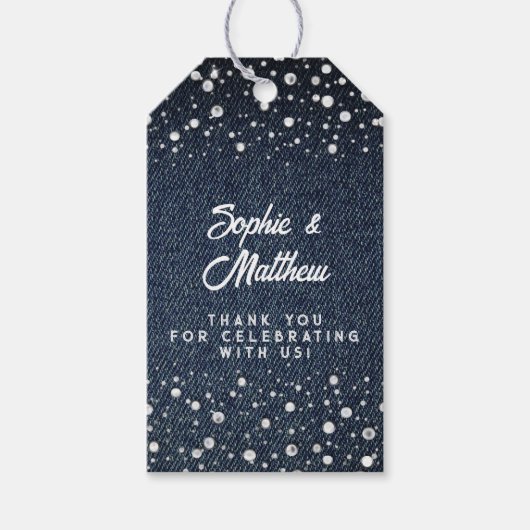 Denim Diamonds Parels Blauw Paar Bruiloft Douche Cadeaulabel (Voorkant)