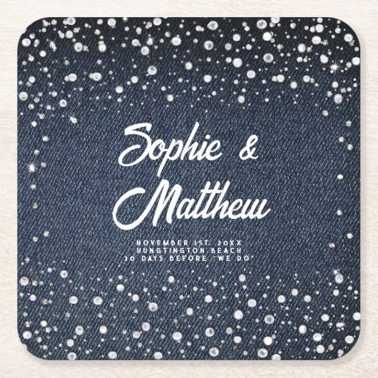 Denim Diamonds Parels Blauw Paar Bruiloft Douche Kartonnen Onderzetters (Voorkant)