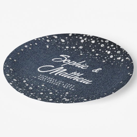 Denim Diamonds Parels Blauw Paar Bruiloft Douche Papieren Bordje (Gekanteld)