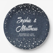 Denim Diamonds Parels Blauw Paar Bruiloft Douche Papieren Bordje (Voorkant)