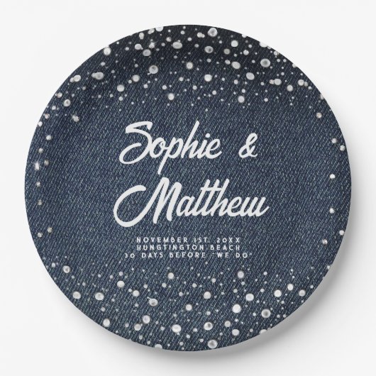 Denim Diamonds Parels Blauw Paar Bruiloft Douche Papieren Bordje (Voorkant)