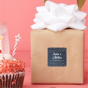 Denim Diamonds Parels Blauw Paar Bruiloft Douche Vierkante Sticker