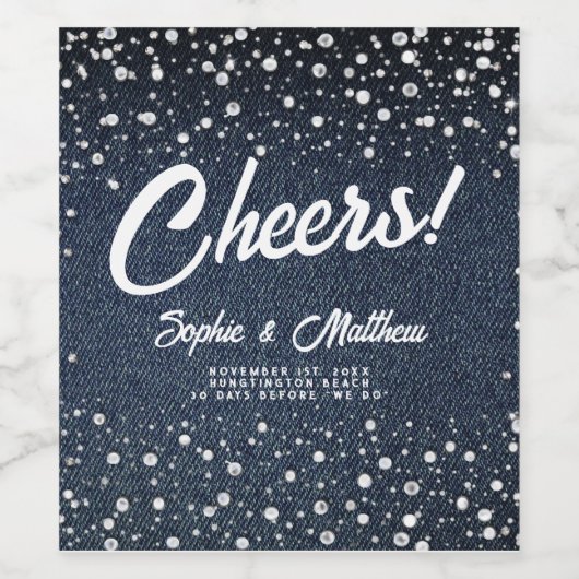 Denim Diamonds Parels Blauw Paar Bruiloft Douche Wijn Etiket (Enkel label)