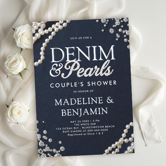 Denim Diamonds Parels Blauw Rustic Koppel Bruiloft Kaart