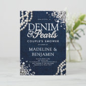 Denim Diamonds Parels Blauw Witte Koppel Bruiloft Kaart (Staand voorkant)