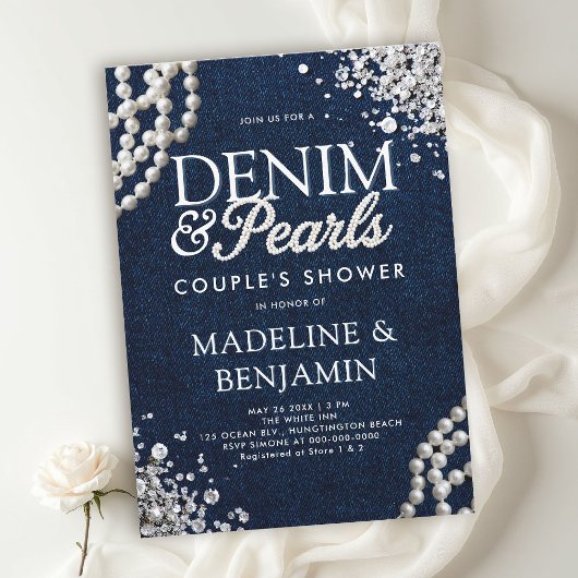 Denim Diamonds Parels Blauw Witte Koppel Bruiloft Kaart