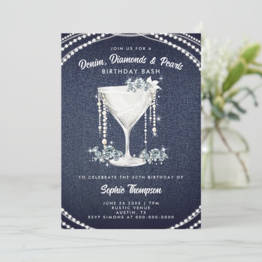 Denim Diamonds Parels Champagne Verjaardagsfeest Kaart (Staand voorkant)
