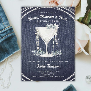 Denim Diamonds Parels Champagne Verjaardagsfeest Kaart