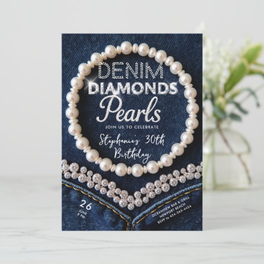 Denim Diamonds Parels Chic Classy Moderne Verjaard Kaart (Staand voorkant)