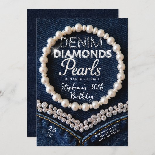 Denim Diamonds Parels Chic Classy Moderne Verjaard Kaart (Voorkant / Achterkant)