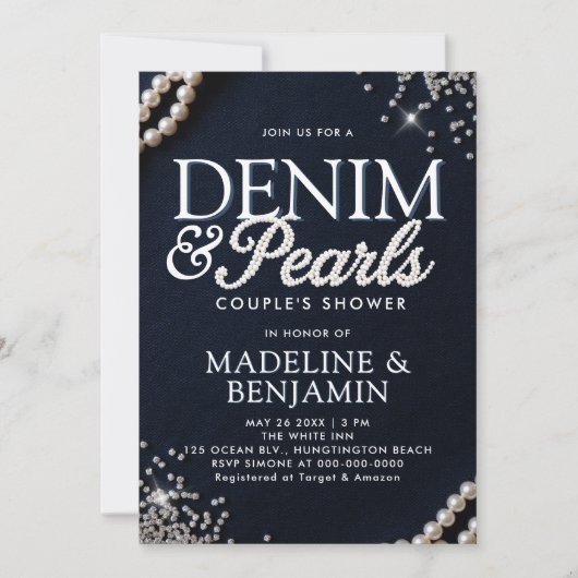 Denim Diamonds Parels Elegant Blauw Paar Douche Kaart (Voorkant)