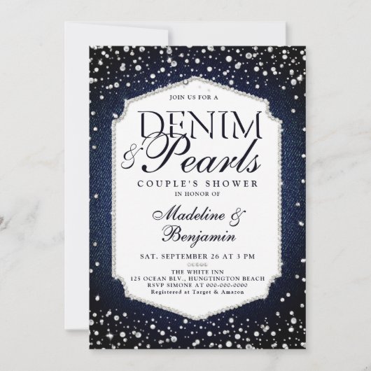Denim Diamonds Parels Elegant Lijst Trouwdouche Kaart (Voorkant)