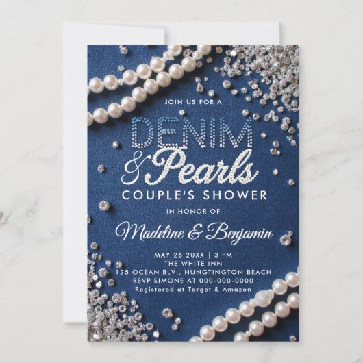Denim Diamonds Parels Elegant Modern Paar Douche Kaart (Voorkant)
