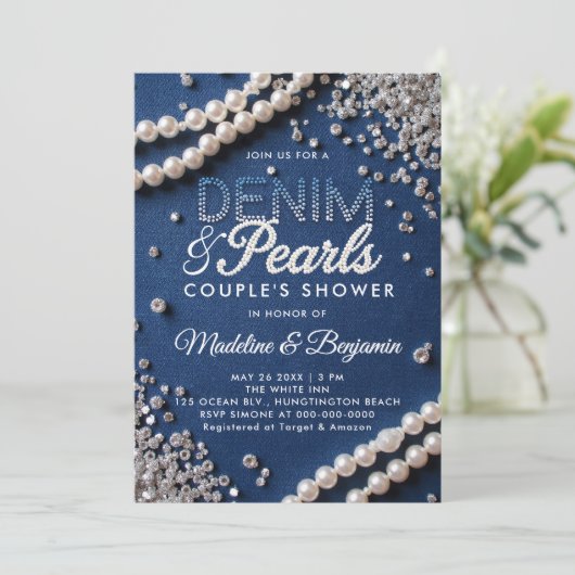 Denim Diamonds Parels Elegant Modern Paar Douche Kaart (Staand voorkant)