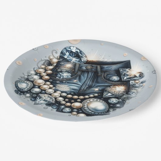 Denim Diamonds & Parels Jeans Bling Verjaardagsfee Papieren Bordje (Gekanteld)