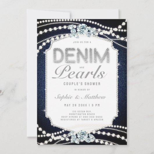 Denim Diamonds Parels Lijst Coed Trouwdouche Kaart (Voorkant)
