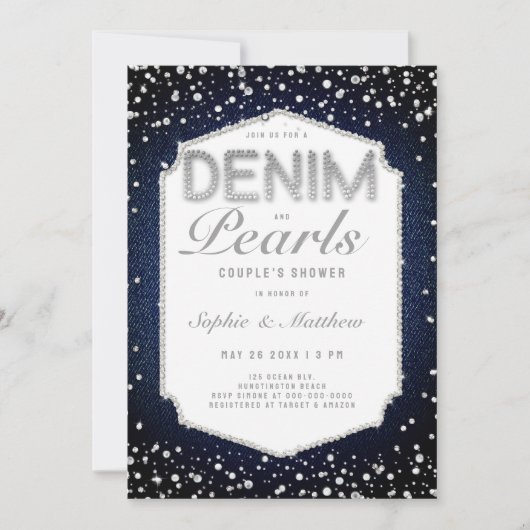 Denim Diamonds Parels Lijst Elegante Trouwdouche Kaart (Voorkant)