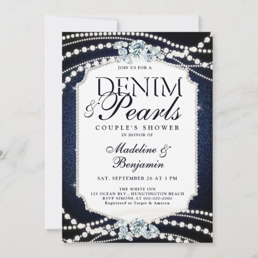 Denim Diamonds Parels Stijlvolle Lijst Trouwdouche Kaart (Voorkant)
