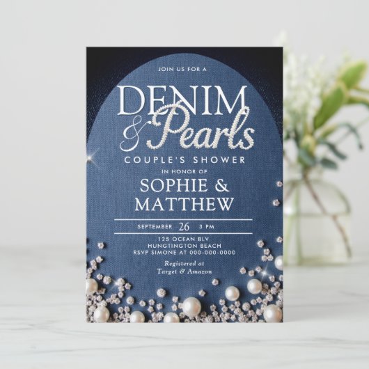 Denim Diamonds Pearls Arch Coed Blue Couple Shower Kaart (Staand voorkant)