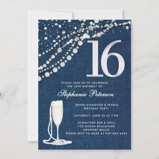 Denim Diamonds Pearls Champagne  ElegantSweet 16 Kaart (Voorkant)