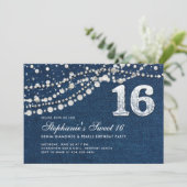 Denim Diamonds Pearls Elegant Classy Chic Sweet 16 Kaart (Staand voorkant)