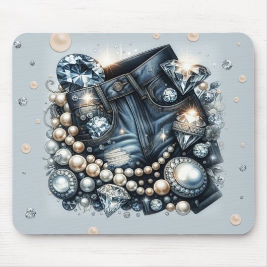 Denim Diamonds & Pearls Jeans Bling Muismat (Voorkant)