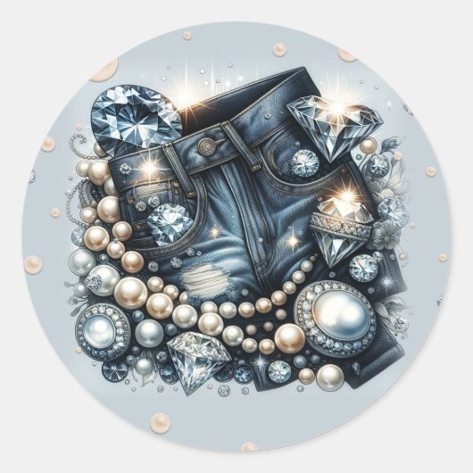Denim Diamonds & Pearls Jeans Bling Verjaardagsfee Ronde Sticker (Voorkant)