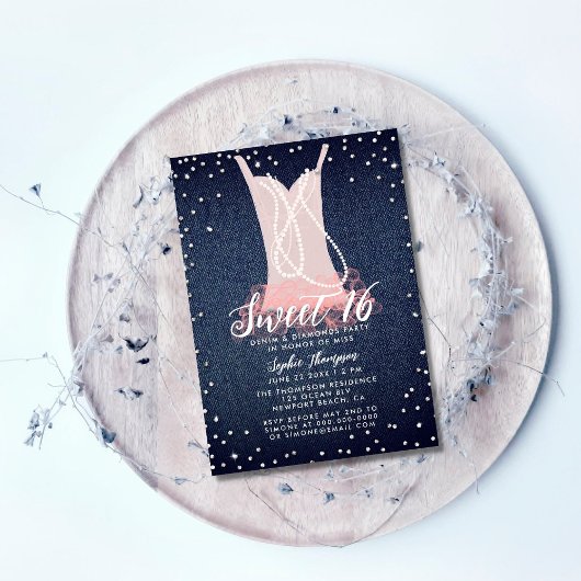 Denim Diamonds Pearls Tutu Sweet 16 Birthday Party Kaart