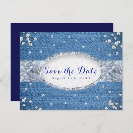 Denim & Diamonds Scattered Bling sparen de Datum Aankondigingskaart (Voorkant / Achterkant)