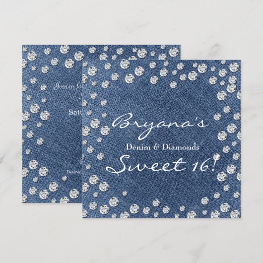 Denim Diamonds Scattered Bling Sweet 16 Uitnodigin Kaart (Voorkant / Achterkant)