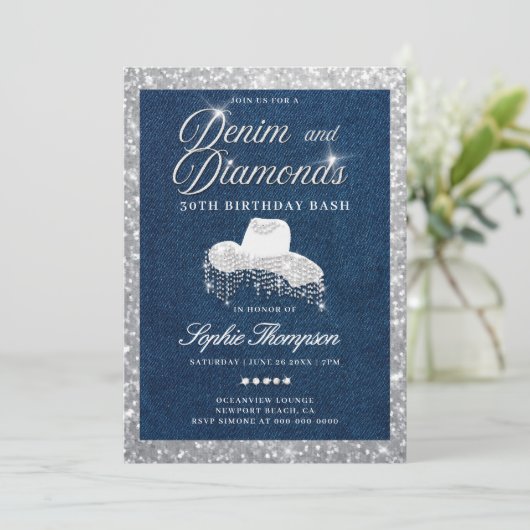 Denim Diamonds Script Bling 30ste verjaardagsfeest Kaart (Staand voorkant)