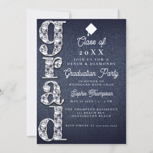 Denim Diamonds Script Blue Jeans Graduparty Kaart (Voorkant)