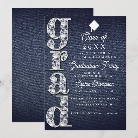 Denim Diamonds Script Blue Jeans Graduparty Kaart (Voorkant / Achterkant)
