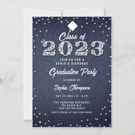 Denim Diamonds Script Indigo 2023 Graduation Party Kaart (Voorkant)