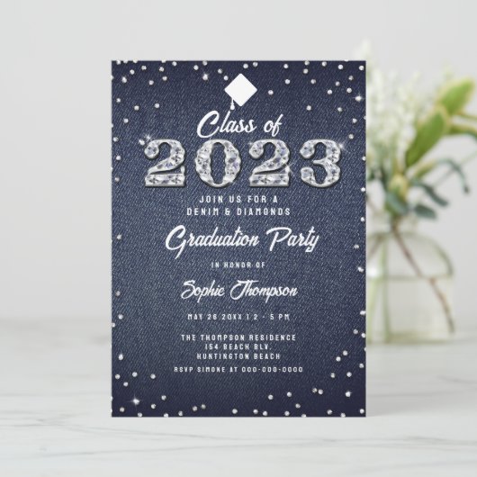 Denim Diamonds Script Indigo 2023 Graduation Party Kaart (Staand voorkant)