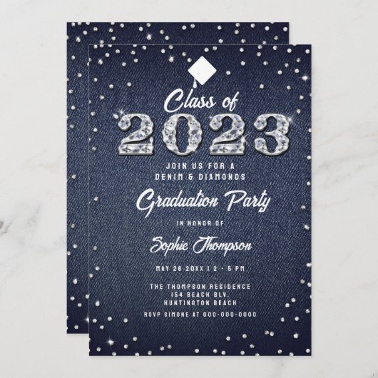 Denim Diamonds Script Indigo 2023 Graduation Party Kaart (Voorkant / Achterkant)
