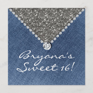 Denim Diamonds Silver Glitter Sweet 16 Uitnodiging