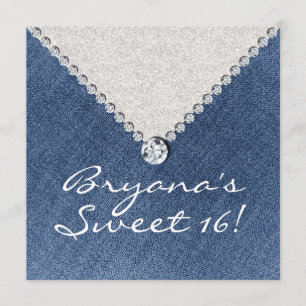 Denim Diamonds Silver Glitter Sweet 16 Uitnodiging